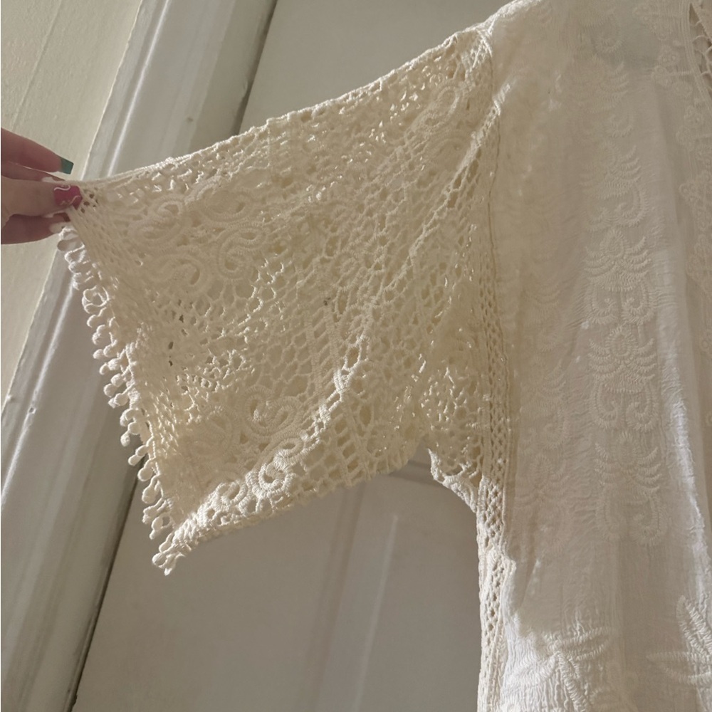 Cream Embellished Tie Front Blouse with 3/4 Sleeves - Picture 8 of 10